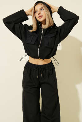 Çıtçıt Cepli Crop Hırkalı Scuba Takım Siyah - Kadın Giyim Modelleri