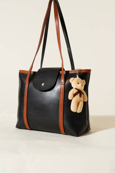 Çıtçıt Detaylı Ayıcıklı Kol Çanta Siyah Taba - Kol Çantası