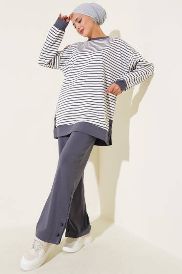 Çıtçıt Detaylı Çizgili İkili Takım Füme - İkili Takım