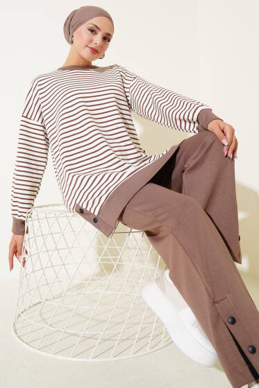 Çıtçıt Detaylı Çizgili İkili Takım Kahve - İkili Takım
