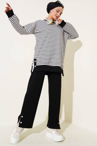 Çıtçıt Detaylı Çizgili İkili Takım Siyah - İkili Takım
