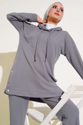 Çıtçıt Detaylı Kapüşonlu İkili Takım Gri - İKİLİ TAKIM