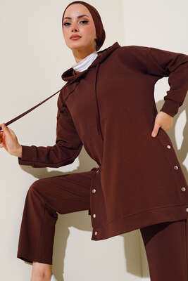 Çıtçıt Detaylı Kapüşonlu İkili Takım Kahve 