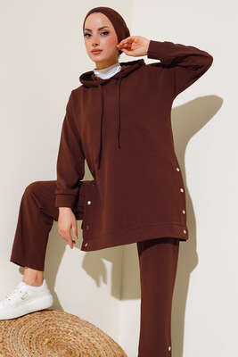 Çıtçıt Detaylı Kapüşonlu İkili Takım Kahve - İKİLİ TAKIM