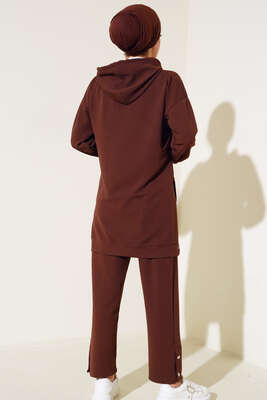 Çıtçıt Detaylı Kapüşonlu İkili Takım Kahve - İKİLİ TAKIM