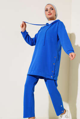 Çıtçıt Detaylı Kapüşonlu İkili Takım Saks - İKİLİ TAKIM