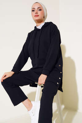 Çıtçıt Detaylı Kapüşonlu İkili Takım Siyah - İKİLİ TAKIM