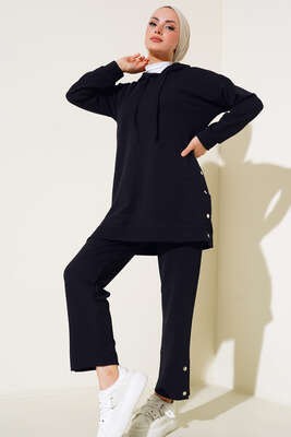 Çıtçıt Detaylı Kapüşonlu İkili Takım Siyah