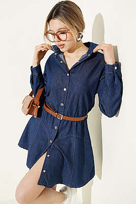 Çıtçıt Detaylı Kemerli Elbise Kot - Kadın Giyim Modelleri