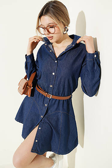 Çıtçıt Detaylı Kemerli Elbise Kot - Kadın Giyim Modelleri