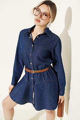 Çıtçıt Detaylı Kemerli Elbise Kot - Kadın Giyim Modelleri