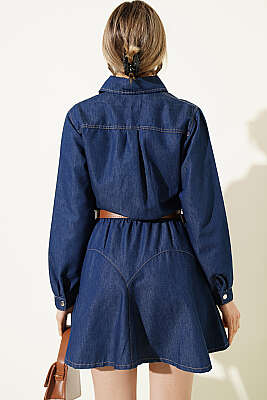 Çıtçıt Detaylı Kemerli Elbise Kot - Kadın Giyim Modelleri