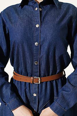 Çıtçıt Detaylı Kemerli Elbise Kot - Kadın Giyim Modelleri