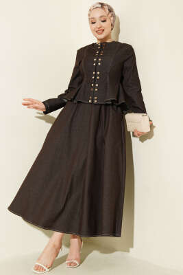 Çıtçıt Düğmeli Bluzlu Etekli Kot Takım Kahve - HEWES