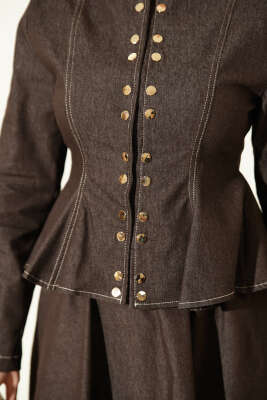 Çıtçıt Düğmeli Bluzlu Etekli Kot Takım Kahve - İkili Takım