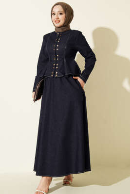 Çıtçıt Düğmeli Bluzlu Etekli Kot Takım Lacivert - HEWES