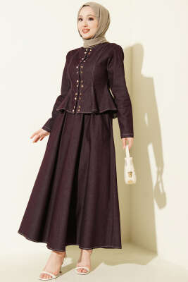 Çıtçıt Düğmeli Bluzlu Etekli Kot Takım Mürdüm - HEWES