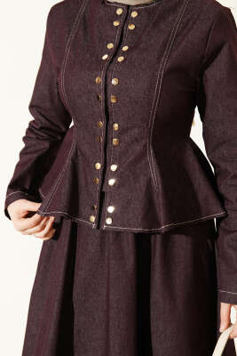 Çıtçıt Düğmeli Bluzlu Etekli Kot Takım Mürdüm - İkili Takım