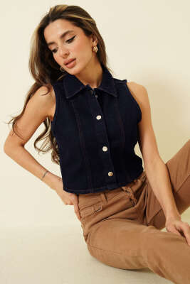 Çıtçıt Düğmeli Crop Kot Yelek Lacivert - HELLIE