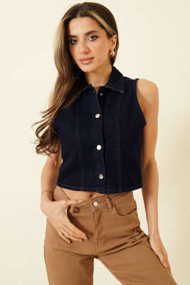 Çıtçıt Düğmeli Crop Kot Yelek Lacivert - Kadın Giyim Modelleri