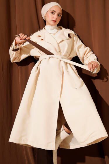 Çıtçıt Düğmeli Deri Detaylı Trençkot Ekru - Trençkot