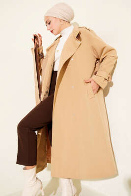 Çıtçıt Düğmeli Deri Detaylı Trençkot Latte - Trençkot