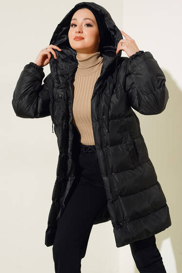 Çıtçıt Düğmeli Fermuarlı Şişme Mont Siyah - Mont