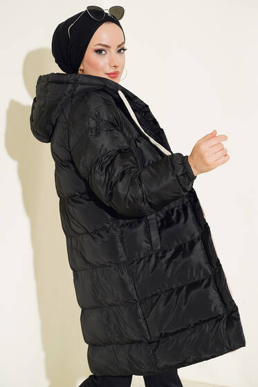 Çıtçıt Düğmeli Fermuarlı Şişme Mont Siyah Bej - Mont