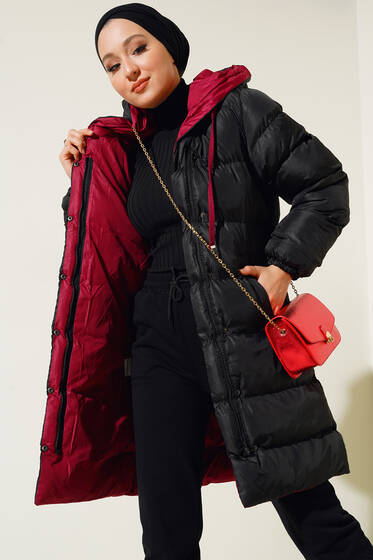 Çıtçıt Düğmeli Fermuarlı Şişme Mont Siyah Bordo - Mont