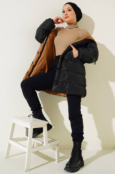 Çıtçıt Düğmeli Fermuarlı Şişme Mont Siyah Camel - Mont