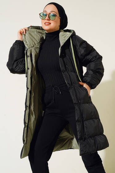 Çıtçıt Düğmeli Fermuarlı Şişme Mont Siyah Mint - Mont