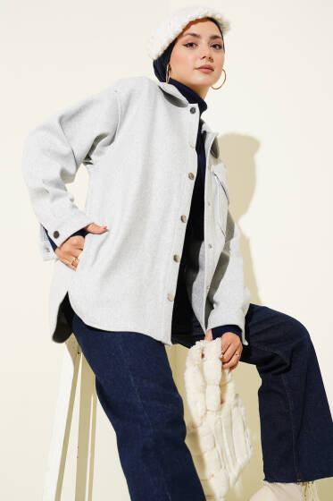 Çıtçıt Düğmeli Gömlek Yaka Kaşe Ceket Açık Gri - Ceket