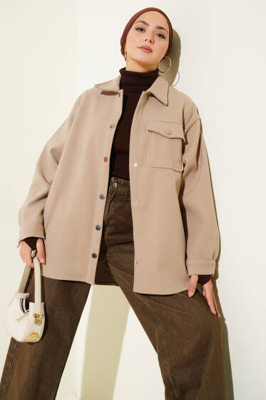 Çıtçıt Düğmeli Gömlek Yaka Kaşe Ceket Bej - Ceket
