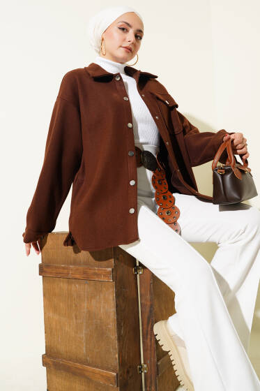 Çıtçıt Düğmeli Gömlek Yaka Kaşe Ceket Kahve - Ceket