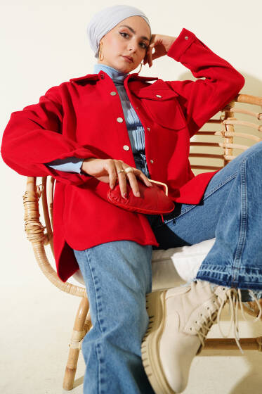 Çıtçıt Düğmeli Gömlek Yaka Kaşe Ceket Kırmızı - Ceket