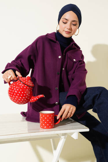 Çıtçıt Düğmeli Gömlek Yaka Kaşe Ceket Mor - Ceket