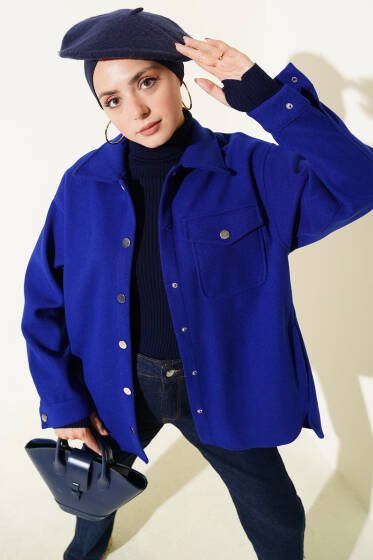 Çıtçıt Düğmeli Gömlek Yaka Kaşe Ceket Saks - Ceket