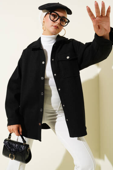 Çıtçıt Düğmeli Gömlek Yaka Kaşe Ceket Siyah - Ceket