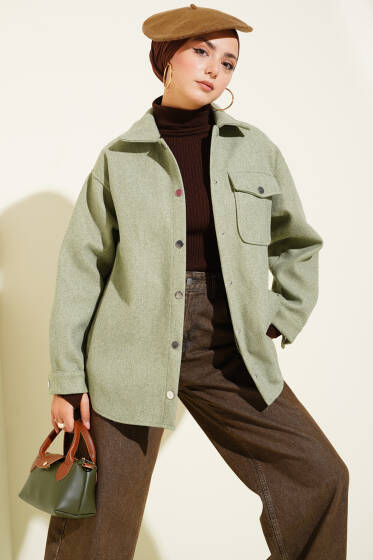 Çıtçıt Düğmeli Gömlek Yaka Kaşe Ceket Su Yeşili - Ceket