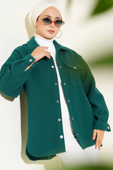 Çıtçıt Düğmeli Gömlek Yaka Kaşe Ceket Zümrüt - Ceket