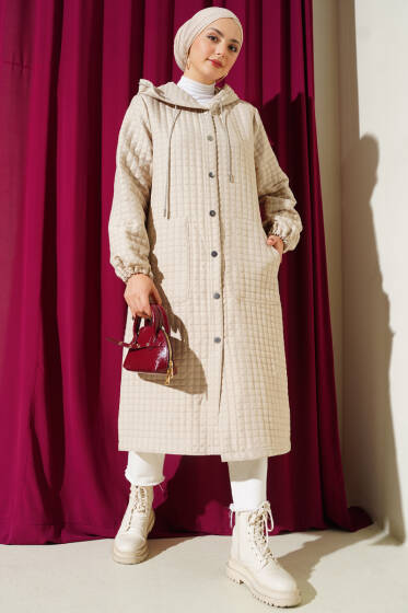 Çıtçıt Düğmeli Kapüşonlu Kapitone Kap Bej - Dış Giyim&Mont