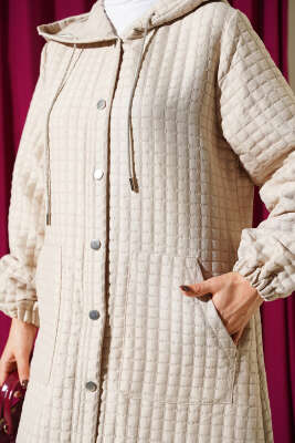 Çıtçıt Düğmeli Kapüşonlu Kapitone Kap Bej - Dış Giyim&Mont