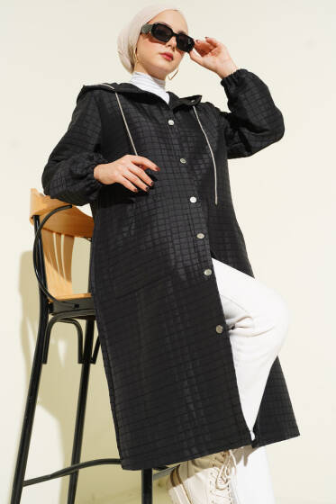 Çıtçıt Düğmeli Kapüşonlu Kapitone Kap Siyah - Dış Giyim&Mont