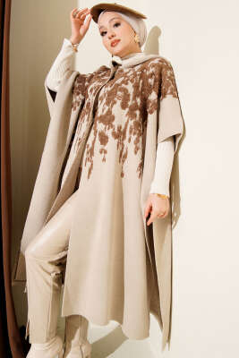 Çıtçıt Düğmeli Kapüşonlu Triko Panço Bej - Panço