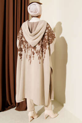 Çıtçıt Düğmeli Kapüşonlu Triko Panço Bej - Panço