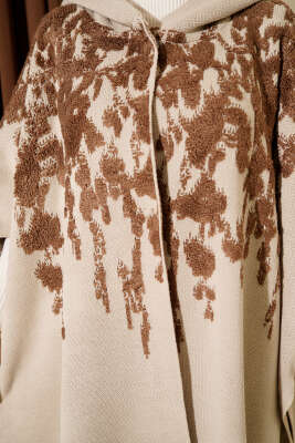 Çıtçıt Düğmeli Kapüşonlu Triko Panço Bej - Panço