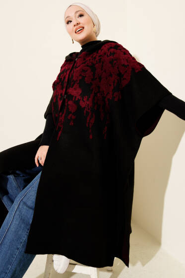 Çıtçıt Düğmeli Kapüşonlu Triko Panço Bordo - Panço