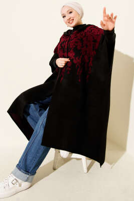 Çıtçıt Düğmeli Kapüşonlu Triko Panço Bordo - Panço