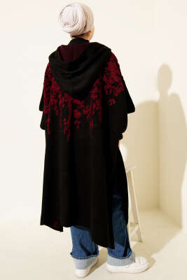 Çıtçıt Düğmeli Kapüşonlu Triko Panço Bordo - Panço