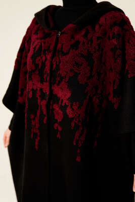 Çıtçıt Düğmeli Kapüşonlu Triko Panço Bordo - Panço